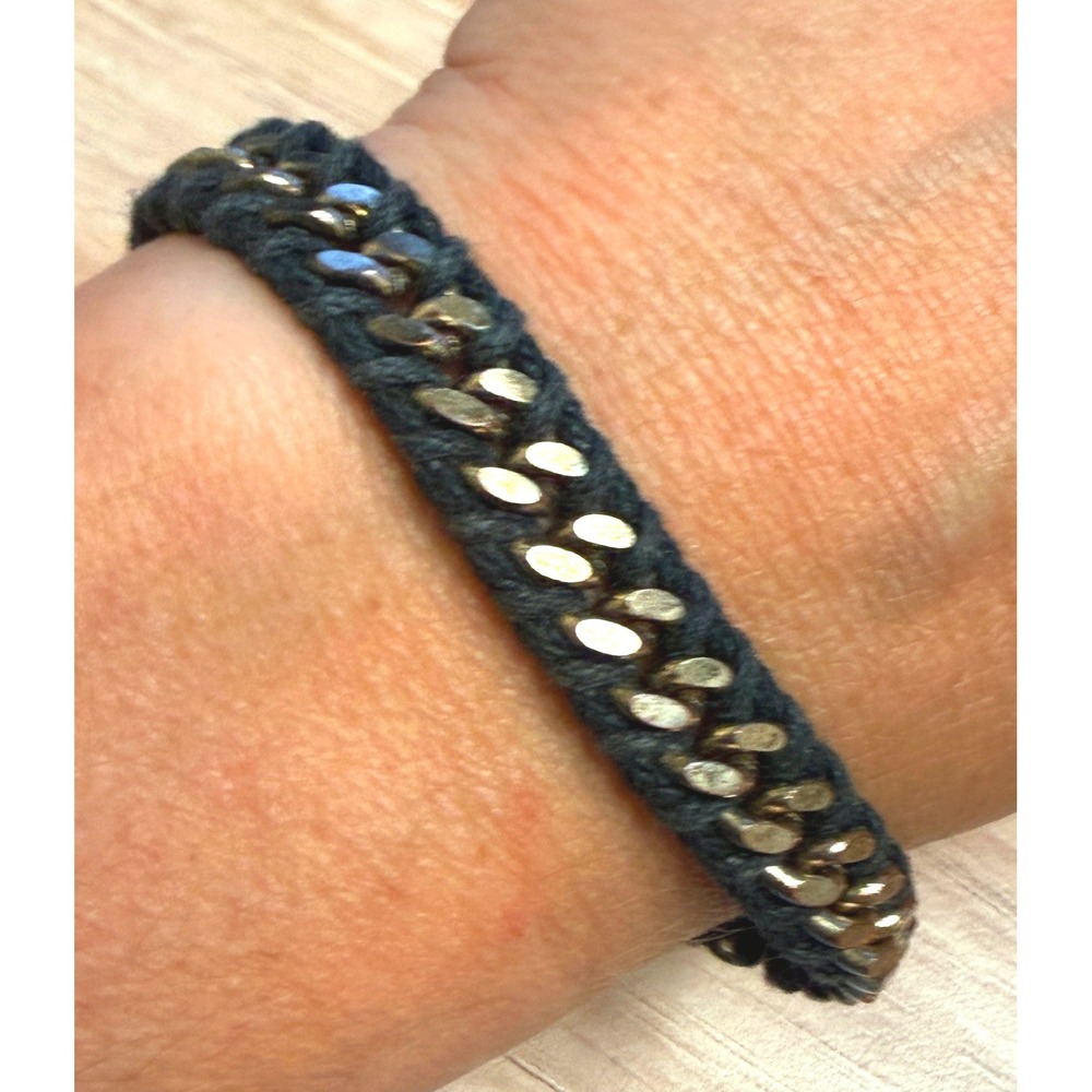 Boho Black Fabric Wrapped Curb Chain Bracelet Antiqued Metal Adjustable